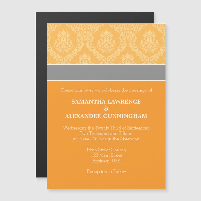 Orange Damask Magnetic Wedding Invitation (Front/Back)