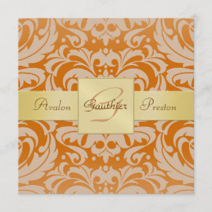 Orange Damask Monogram Gold Ribbon Invitation