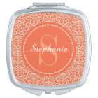Orange Damask Monogram Personalised Compact Mirror