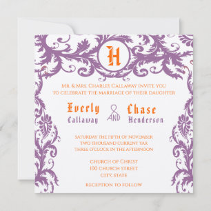 Orange Damask Monogram Wedding Invitation
