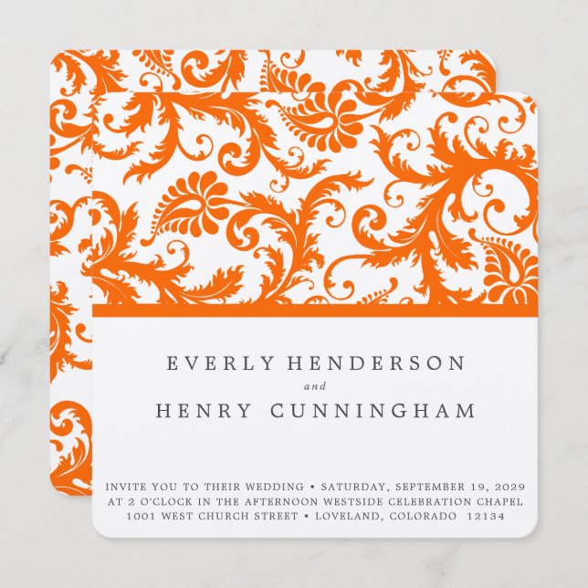 Orange Damask Monogram Wedding  Invitation (Front/Back)