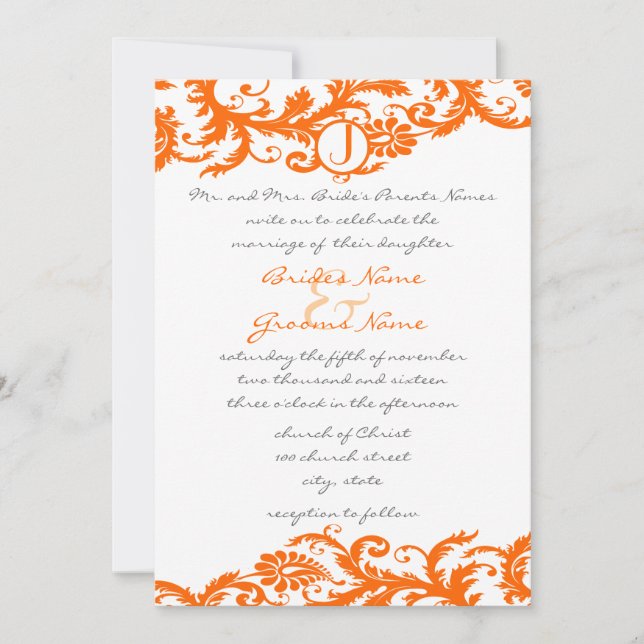 Orange Damask Monogram Wedding Invitation (Front)