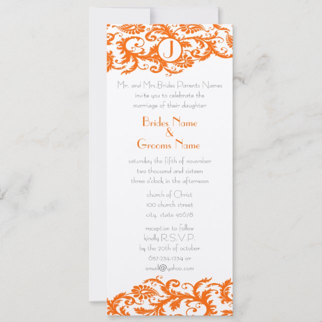 Orange Damask Monogram Wedding Invitation (Front)