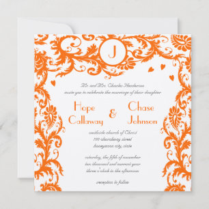 Orange Damask Monogram Wedding Invitation