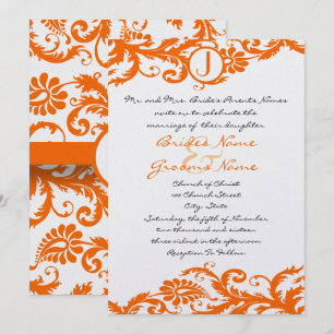 Orange Damask Monogram Wedding Invitation