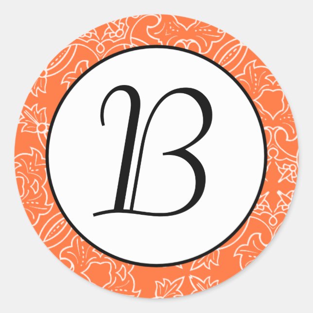 Orange Damask Pattern Monogram Initial Sticker (Front)