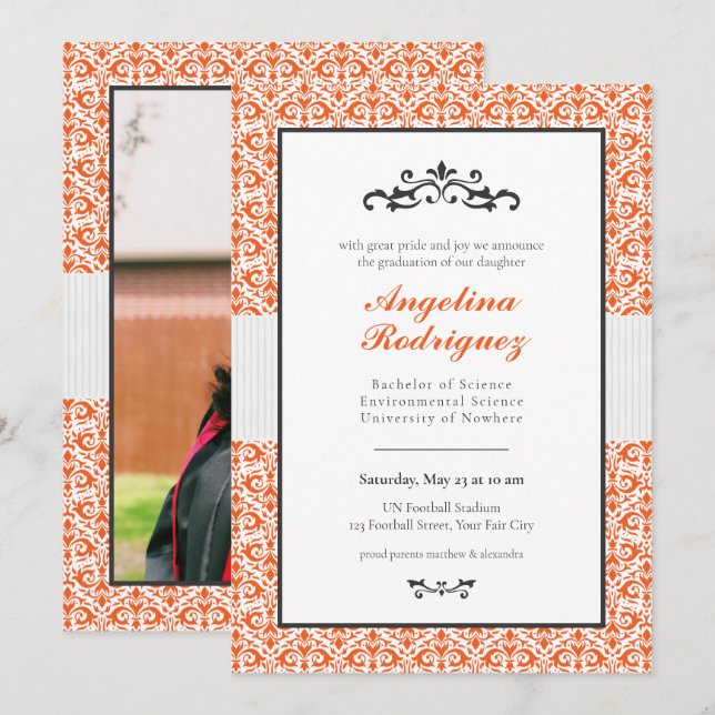 Orange Damask Pattern Photo Graduation Invitation (Front/Back)