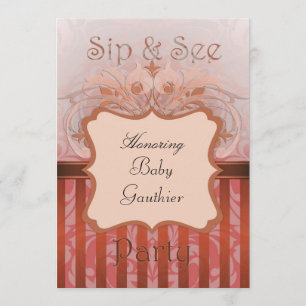 Orange Damask Sip & See Baby Shower Invitation
