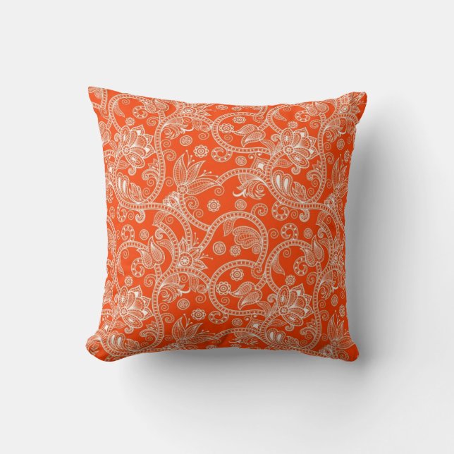 Orange Damask Swirl Pattern Cushion (Front)