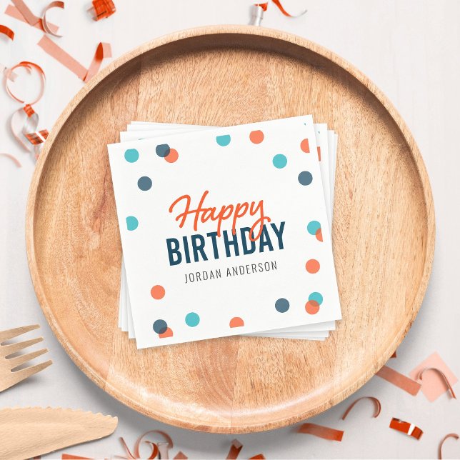 Orange Dark Blue Confetti Happy Birthday Napkin (Creator Uploaded)