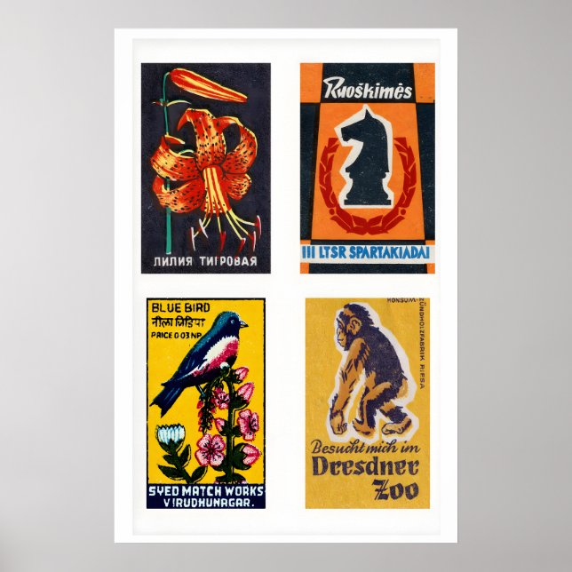 Orange & Dark Blue Matchbox Labels Grid Print (Front)