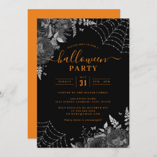 Orange Dark Spooky Floral Cobwebs Halloween Party  Invitation