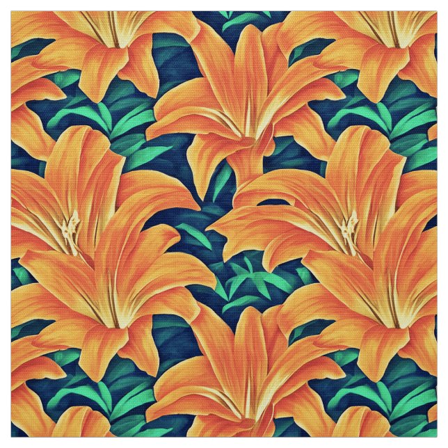 Orange Day Lilies with Green Leaves Fabric (Swatch)