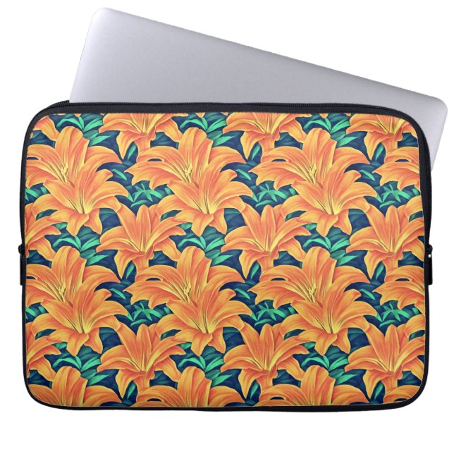 Orange Day Lilies with Green Leaves Laptop Sleeve (Front)