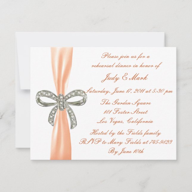Orange Diamond Bow Wedding Rehearsal Dinner Invite (Front)