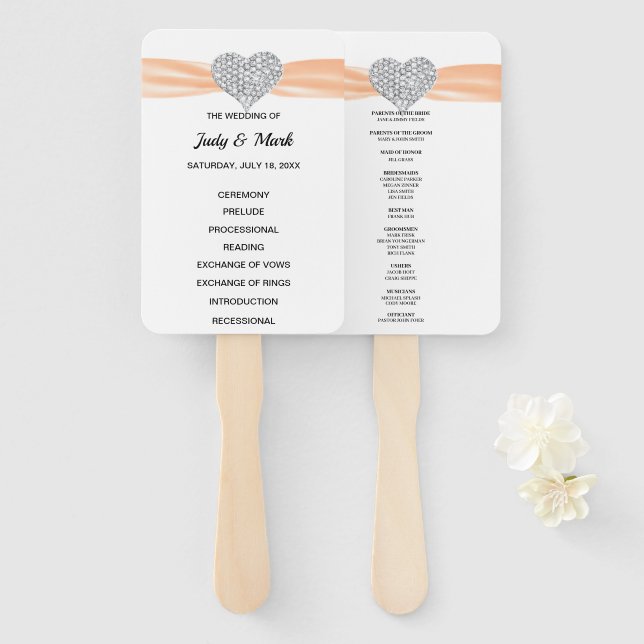 Orange Diamond Heart Wedding Program Hand Fan (Front and Back)