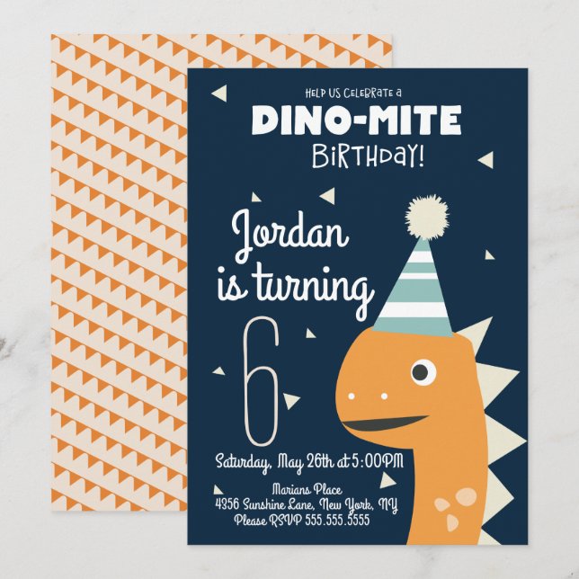 Orange Dinosaur Birthday Confetti Invitation (Front/Back)