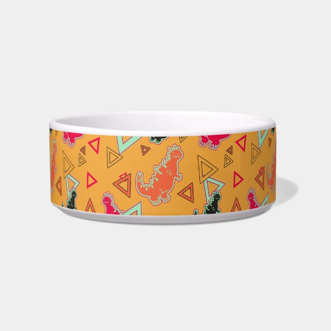 Orange Dinosaurs and Triangles Pattern Pet Bowl (Front)