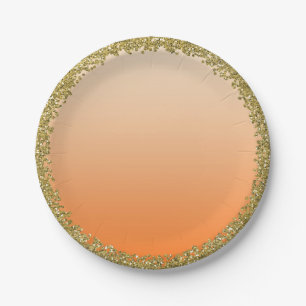 Orange Dipped Gold Glitter Glam Sparkle Party Paper Plate
