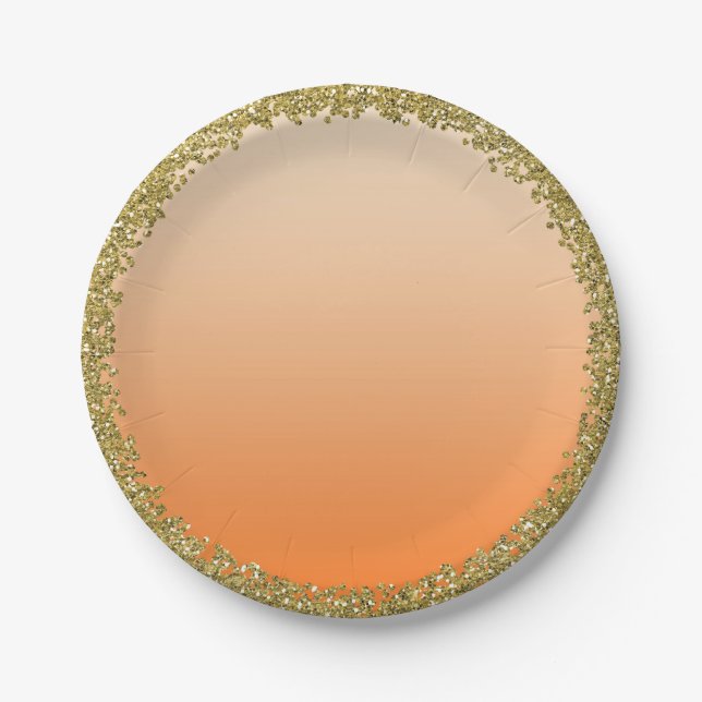 Orange Dipped Gold Glitter Glam Sparkle Party Paper Plate (Front)