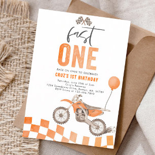 Orange Dirt Bike Fast One Boy 1st Birthday Invitation