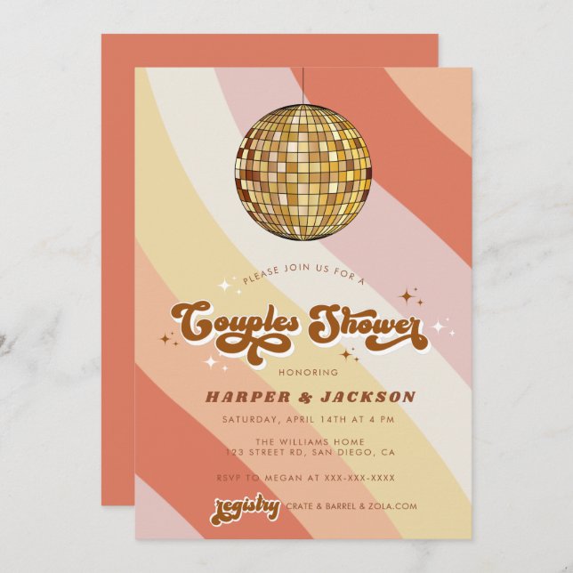 Orange Disco Retro 70s Couples Shower  Invitation (Front/Back)