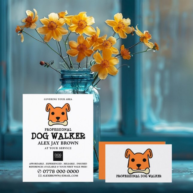 Orange Dog with Bone, Dog Walker Service Business Card (Creator Uploaded)