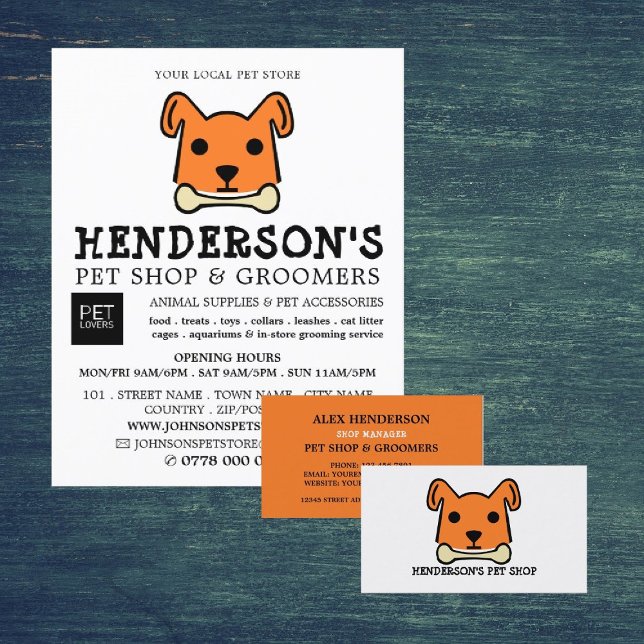 Orange Dog with Bone, Pet Store & Groomers Business Card (Creator Uploaded)