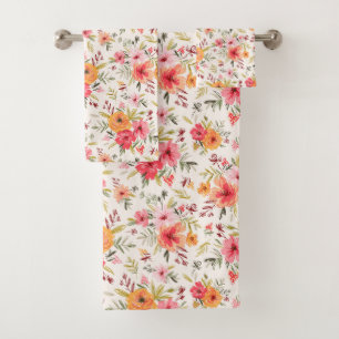 Orange Doodle Garden Flower Pattern Bath Towel Set