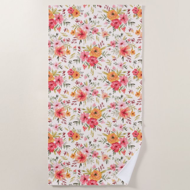 Orange Doodle Garden Flower Pattern Beach Towel (Front)