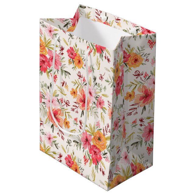 Orange Doodle Garden Flower Pattern Medium Gift Bag (Front Angled)