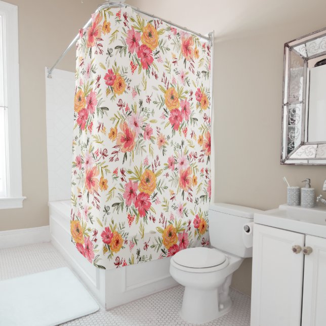 Orange Doodle Garden Flower Pattern Shower Curtain (In Situ)