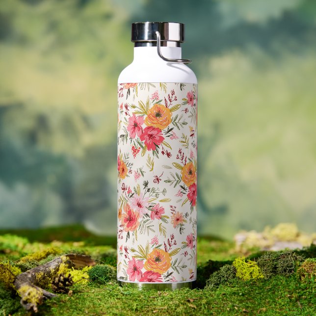Orange Doodle Garden Flower Pattern Water Bottle (Outdoor)