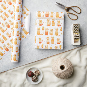 Orange Dots and Cats Birthday Wrapping Paper