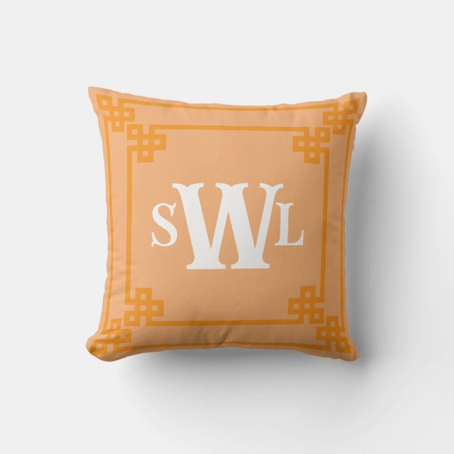 Orange Double Greek Key Monogram Design Cushion (Front)