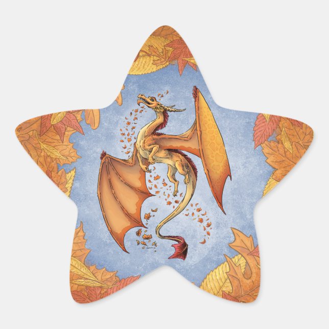 Orange Dragon of Autumn Fantasy Art Star Sticker (Front)