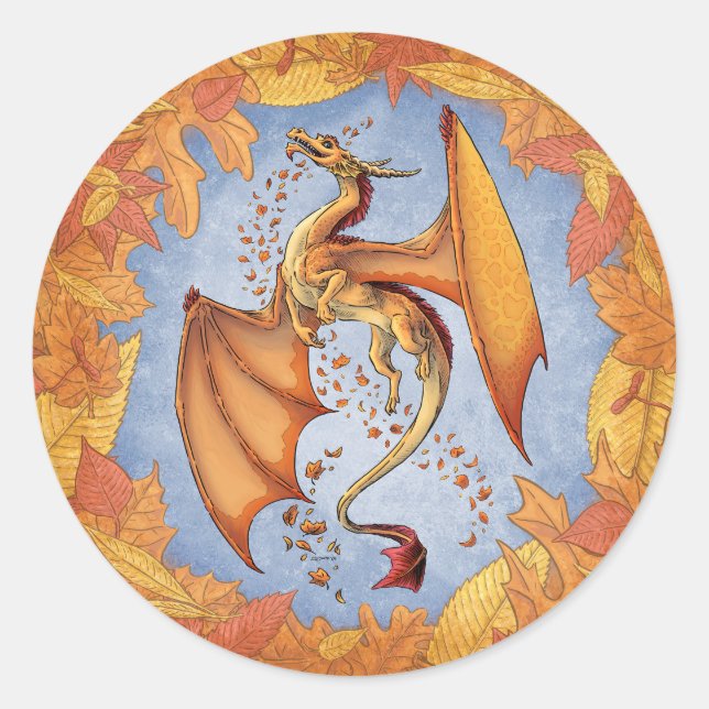 Orange Dragon of Autumn Nature Fantasy Art Classic Round Sticker (Front)