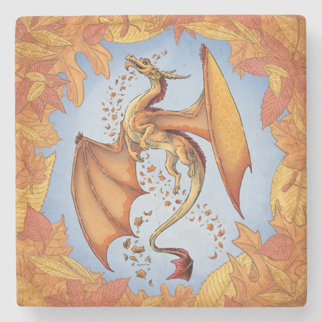 Orange Dragon of Autumn Nature Fantasy Art Stone Coaster (Front)