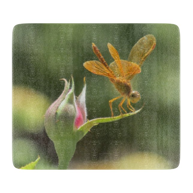 Orange Dragonfly on Pink Rosebud Cutting Board (Front)