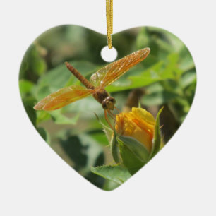 Orange Dragonfly on Yellow Rosebud Ceramic Tree Decoration