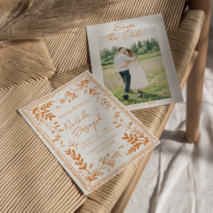 Orange Drawn Floral Garden Photo Save The Date