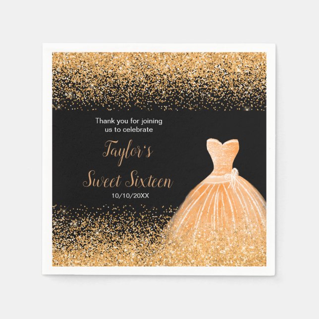 Orange Dress Faux Glitter Sweet 16 Birthday Napkin (Front)