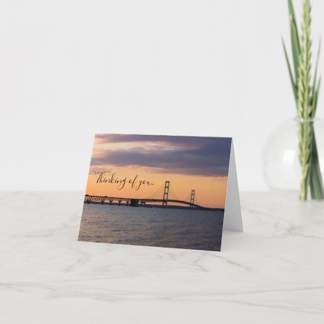 Orange Dusk Mackinac Bridge Thinking Of You Card (Front)