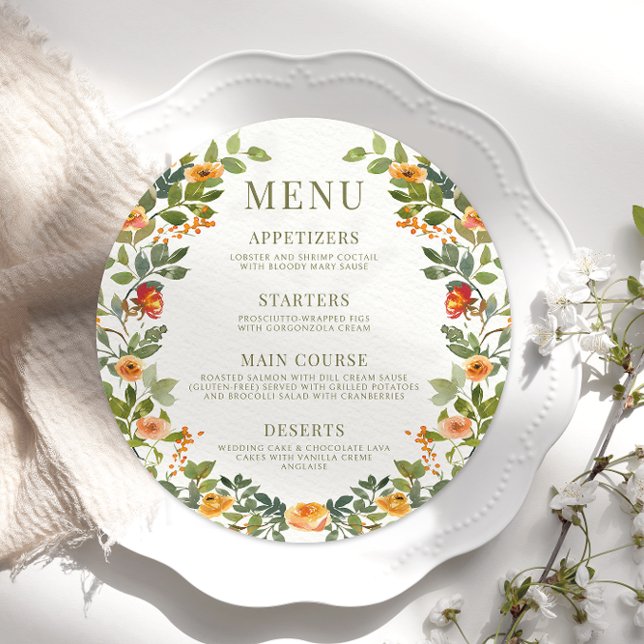 Orange dusty green floral round Menu Card Plate (Creator Uploaded)