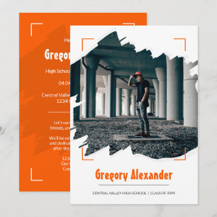 Orange Edgy Abstract Brushstroke Photo Graduation Invitation