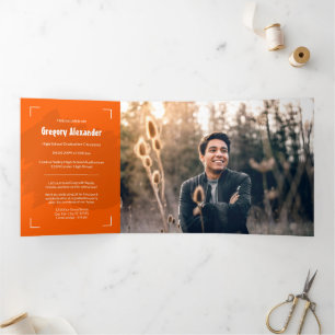 Orange Edgy Abstract Brushstroke Photo Graduation Tri-Fold Invitation