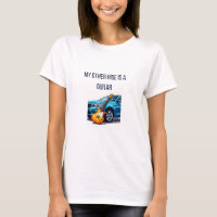 Orange Electric Guitar Leaning Against Blue Car wi