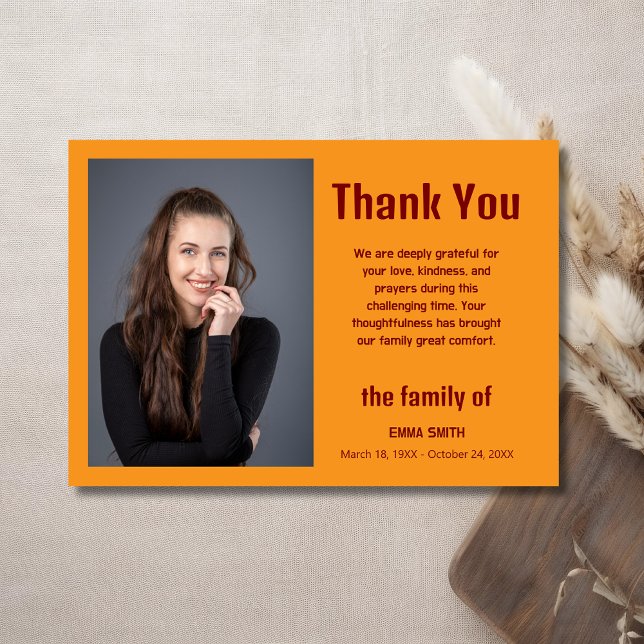 Orange Elegant Photo Funeral Sympathy Thank You Card (Creator Uploaded)