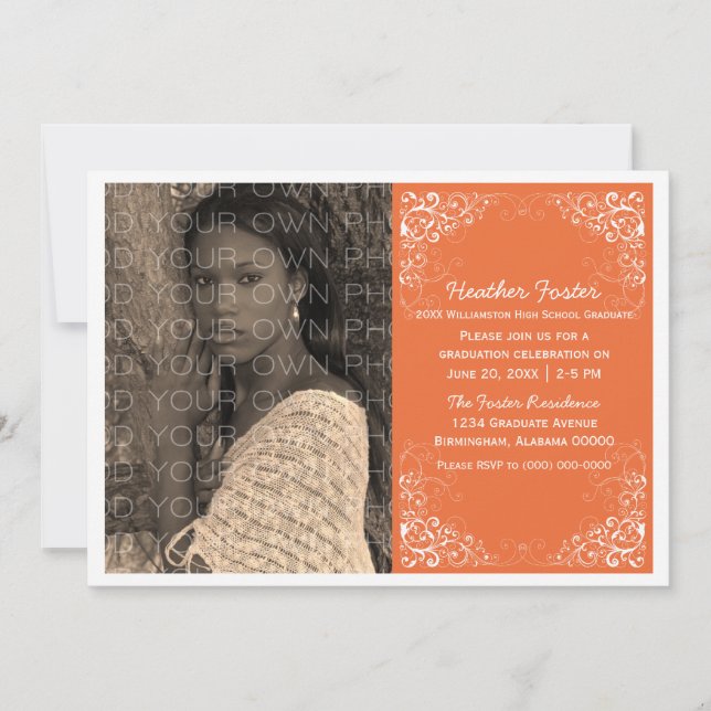 Orange Elegant Swirls Photo Graduation Invite (Front)