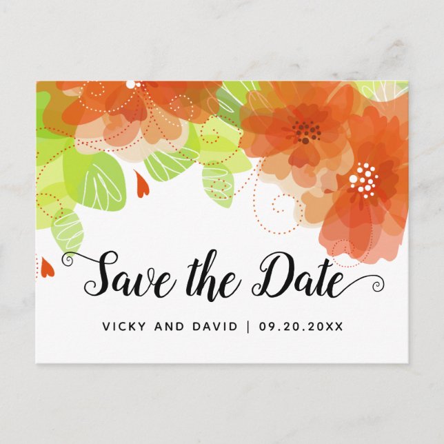 Orange ethereal flowers wedding Save the Date Postcard (Front)